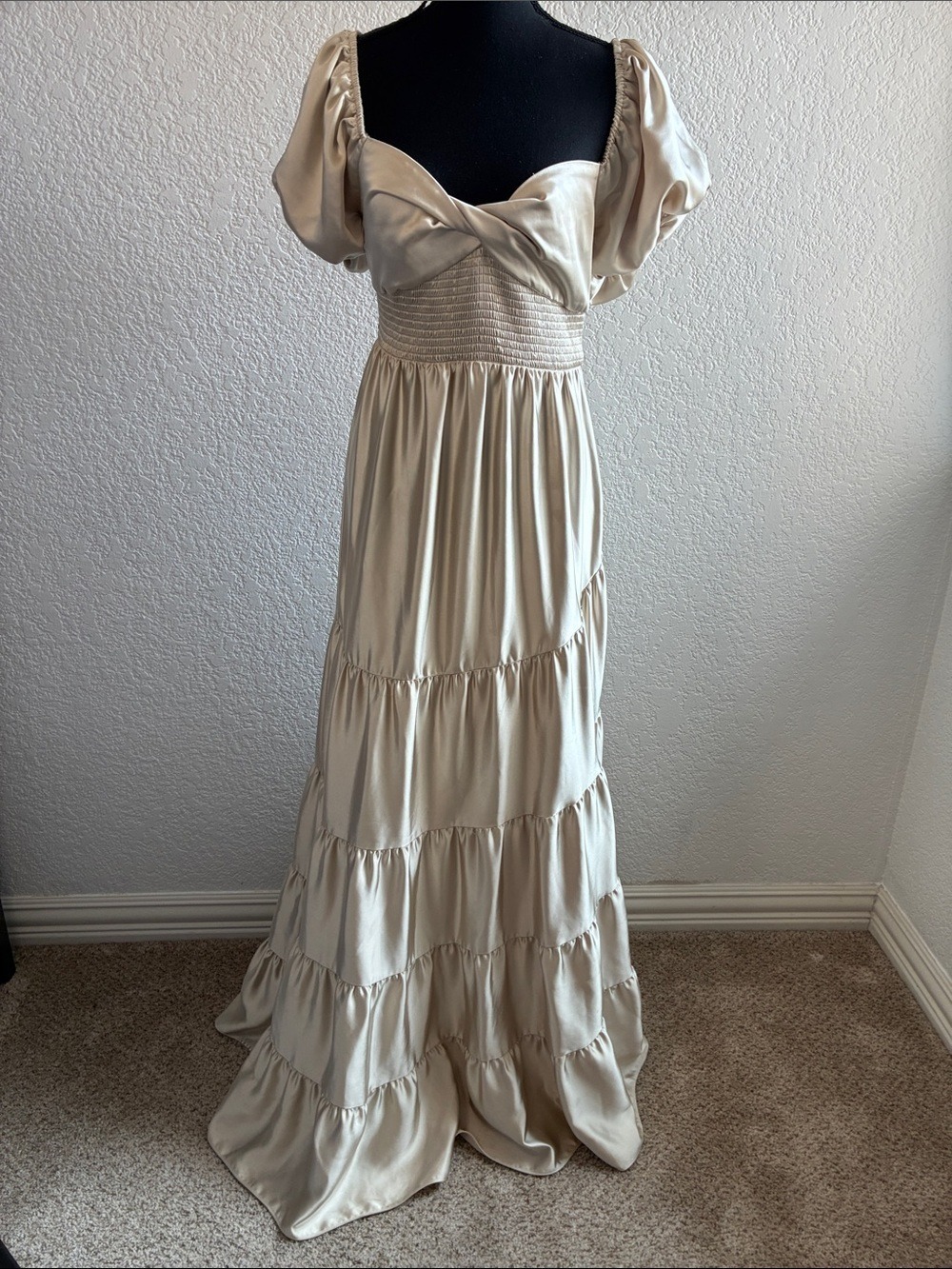 Free People Silky Maxi Dress Ivory Boho Smocked Romantic Short Sleeve M - Picture 5 of 11